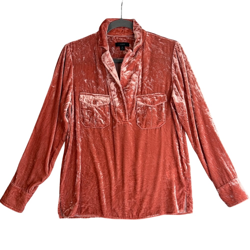 J Crew Crushed Velvet Popover Top Womens XS Copper Pink Pockets Romantic Glam